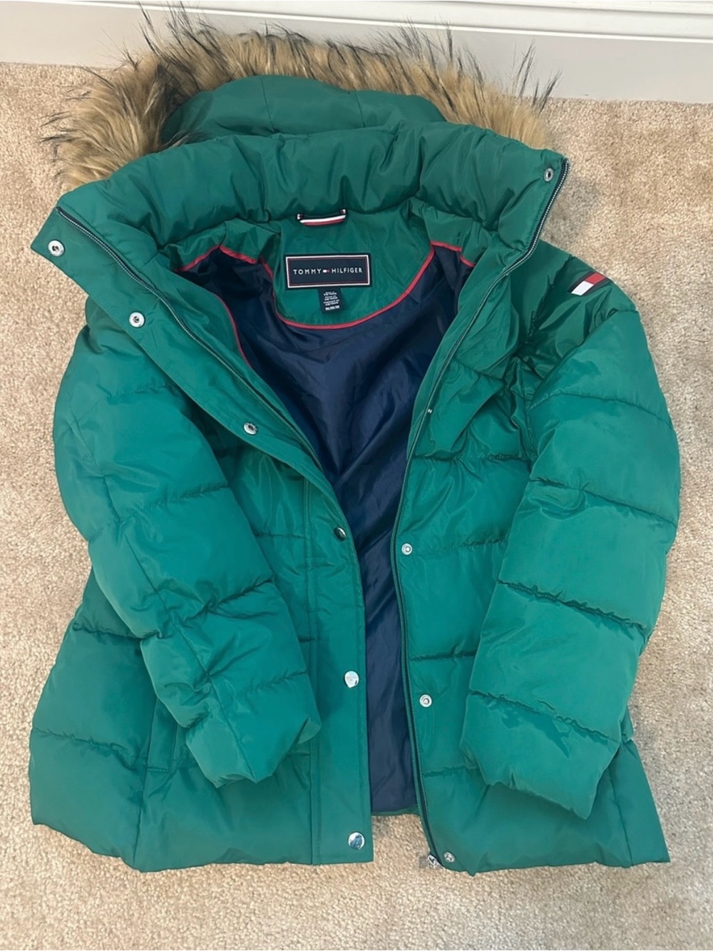 Tommy Hilfiger Teal Green Puffer Jacket with Faux Fur Trim
